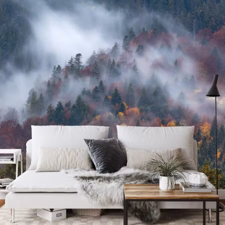 Fototapet - Autumn forest in a beautiful fog