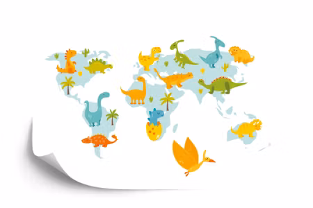 Fototapet - World map with dinosaurs