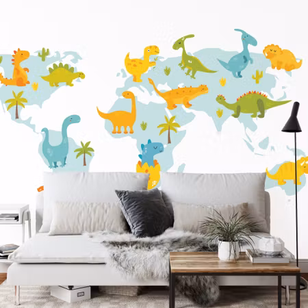 Fototapet - World map with dinosaurs