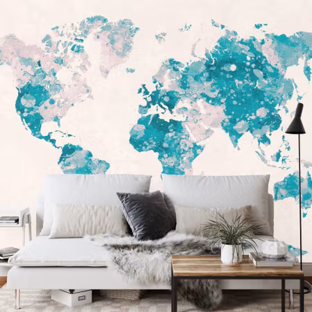 Fototapet - Watercolour world map turquoise