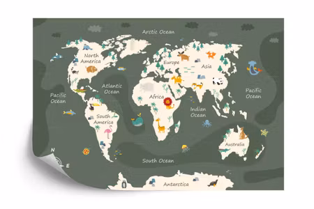 Fototapet - The world map with cartoon animals for