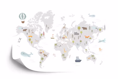 Fototapet - World map with cute animals in cartoon