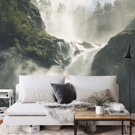 Fototapet - A flowing waterfall in norway