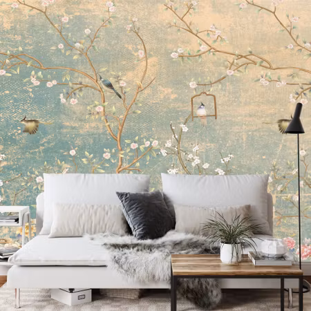 Fototapet - Vintage flowers and birds on pastel
