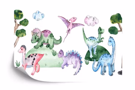 Fyrkantig fototapet - Pastel Dinosaurs in A Glade