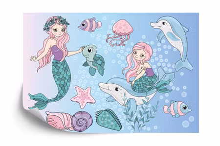 Fyrkantig fototapet - Mermaids with Sea Animals