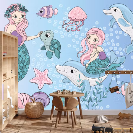 Fyrkantig fototapet - Mermaids with Sea Animals