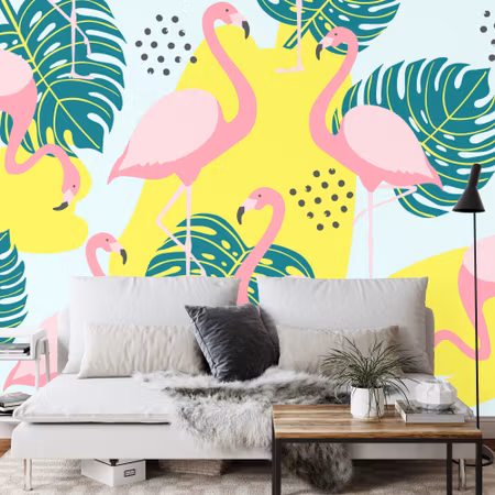 Fyrkantig fototapet - Leaves and Flamingos