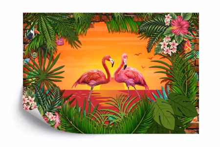 Fyrkantig fototapet - Flamingos Behind A Brick