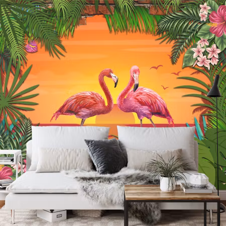 Fyrkantig fototapet - Flamingos Behind A Brick