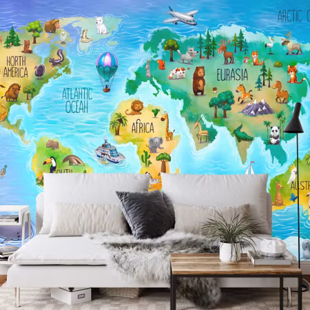 Fyrkantig fototapet - World Map with Fauna