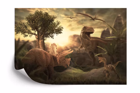 Fyrkantig fototapet - Dinosaurs At Sunset