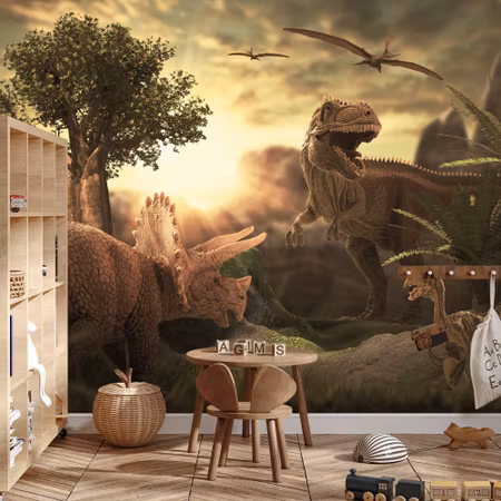 Fyrkantig fototapet - Dinosaurs At Sunset