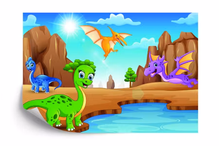 Fyrkantig fototapet - Fairytale Dinosaurs By the