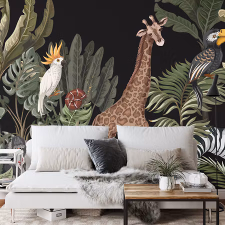 Fyrkantig fototapet - Exotic Animals Among Leaves