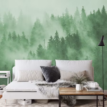 Fyrkantig fototapet - Forest in the Mist in Green