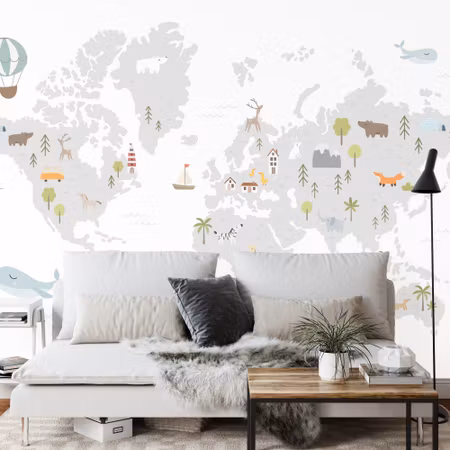 Fyrkantig fototapet - World Map with Cute Animals