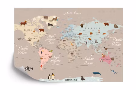 Fyrkantig fototapet - Animals World Map For Kids