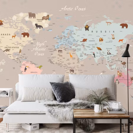Fyrkantig fototapet - Animals World Map For Kids