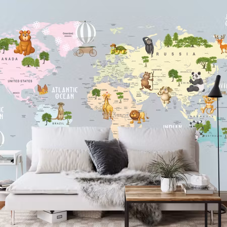 Fyrkantig fototapet - Animals World Map For Kids