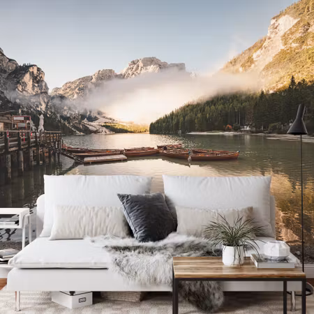 Fyrkantig fototapet - Boats on the Braies Lake