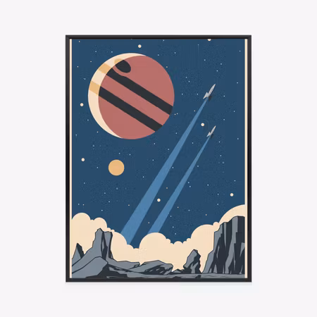 Poster med ram - Retro style rocket planets and