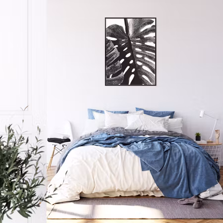 Poster med ram - Black and white tropical leaf