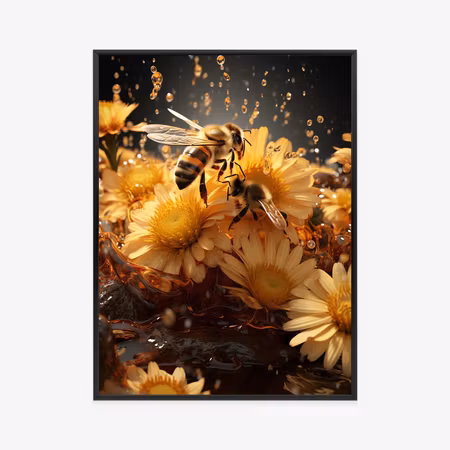Poster med ram - A bee sitting on yellow flowers
