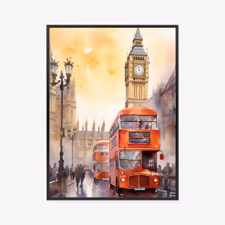 Poster med ram - Bus and big ben in watercolor