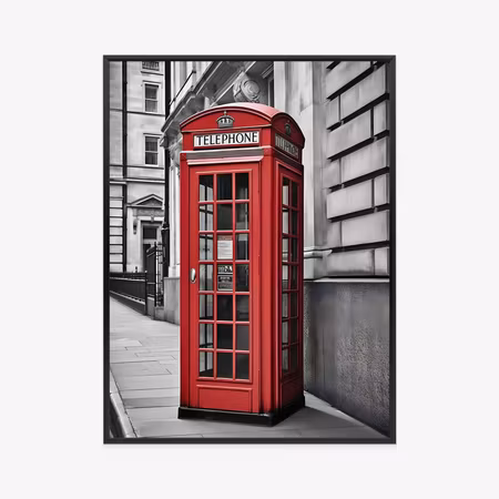 Poster med ram - A red telephone booth on a black