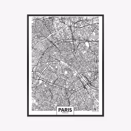 Poster med ram - Paris - black and white city map