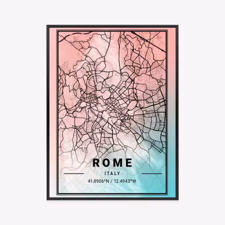 Poster med ram - Map of rome on a watercolor