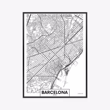 Poster med ram - Black and white map of barcelona