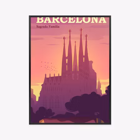 Poster med ram - Barcelona sagrada familia pink