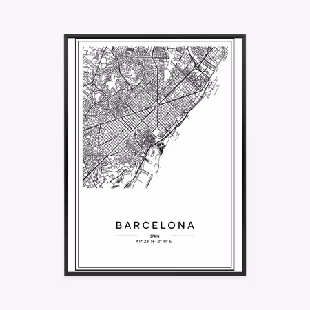 Poster med ram - Barcelona city map in black and
