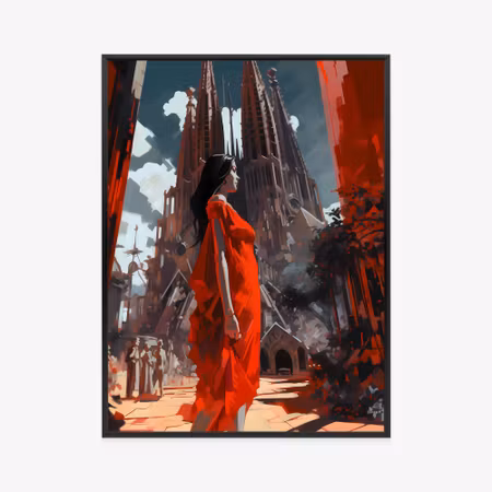 Poster med ram - Woman in a red dress in barcelona