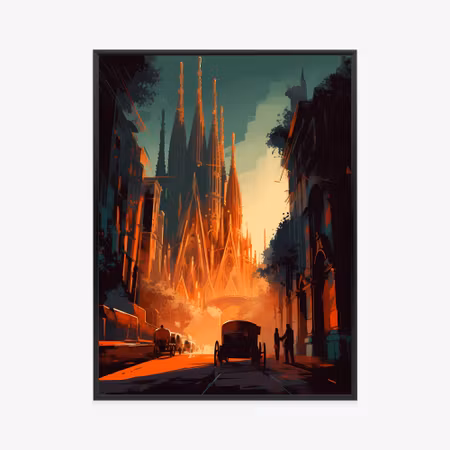 Poster med ram - Sagrada familia church and sunset