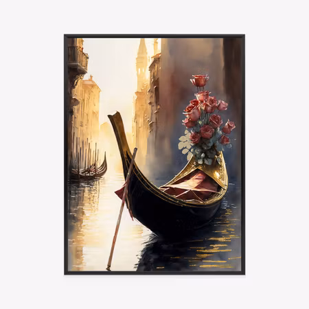 Poster med ram - Gondola with a bouquet of roses