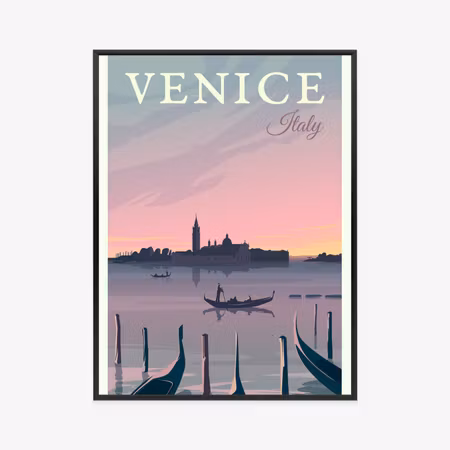Poster med ram - Sunset in venice with gondolas