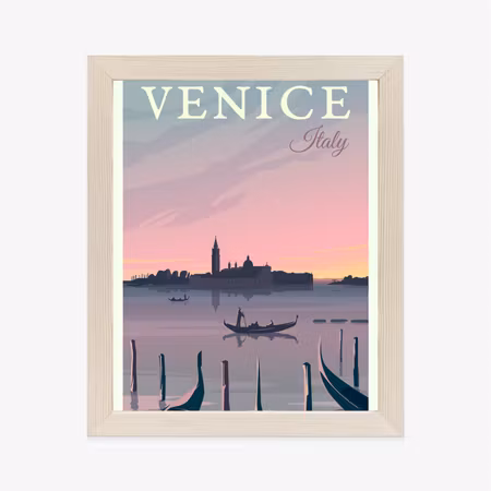 Poster med ram - Sunset in venice with gondolas
