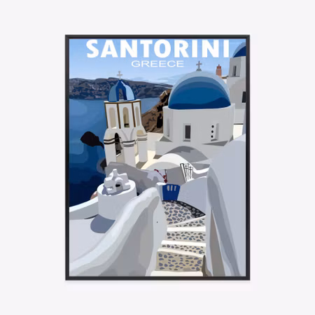 Poster med ram - Typical greek buildings with blue
