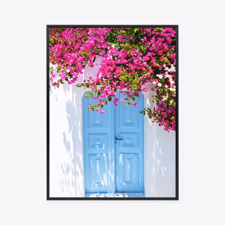 Poster med ram - Blue doors and pink flowers
