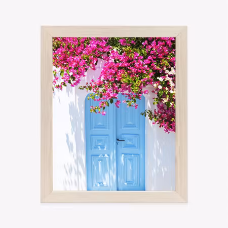 Poster med ram - Blue doors and pink flowers