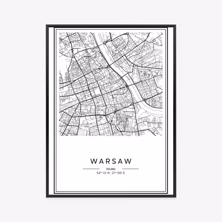 Poster med ram - Warsaw black and white map
