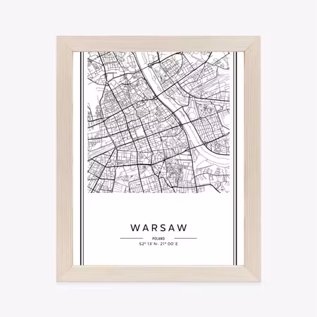 Poster med ram - Warsaw black and white map