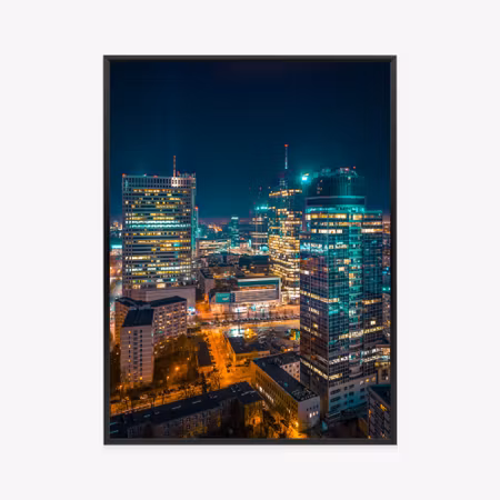 Poster med ram - Warsaw at night from a bird amp s