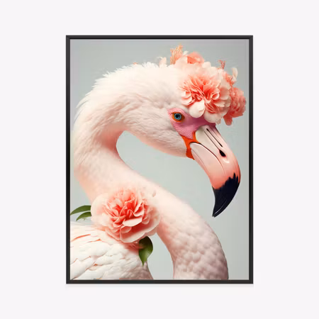 Poster med ram - Flamingo with flowers on its head