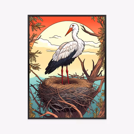 Poster med ram - Stork in the nest against the