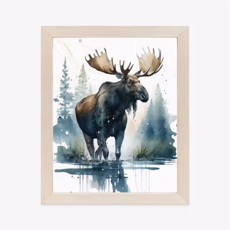 Poster med ram - Moose painted with watercolors