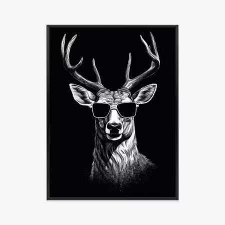 Poster med ram - Black and white deer with glasses